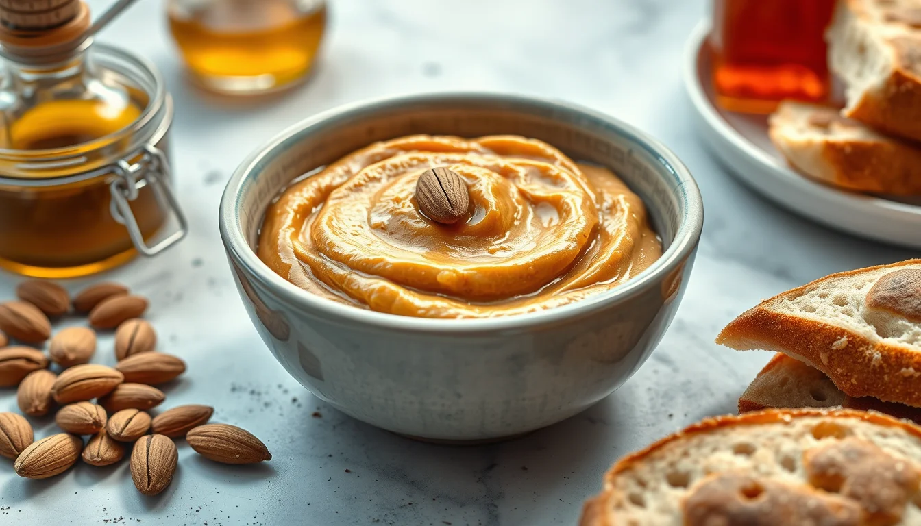 A bowl of amlou spread with almonds, honey and argan oil