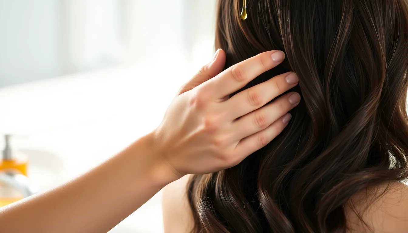 Applying argan oil to the ends of long dark hair