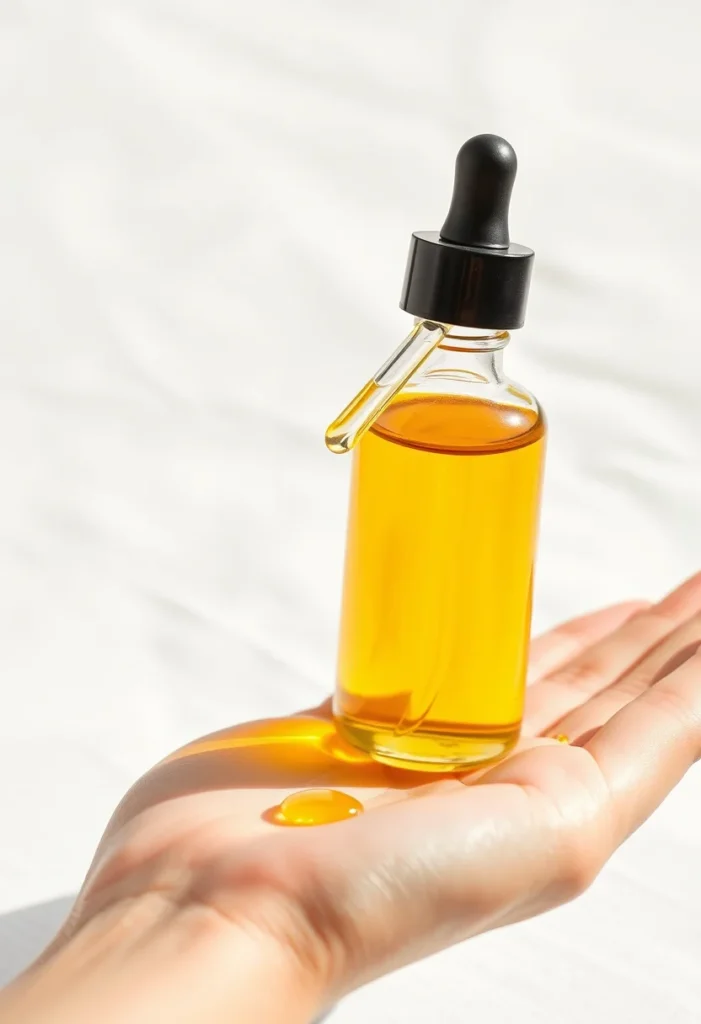 A dropper bottle of argan oil with drops on the back of a hand