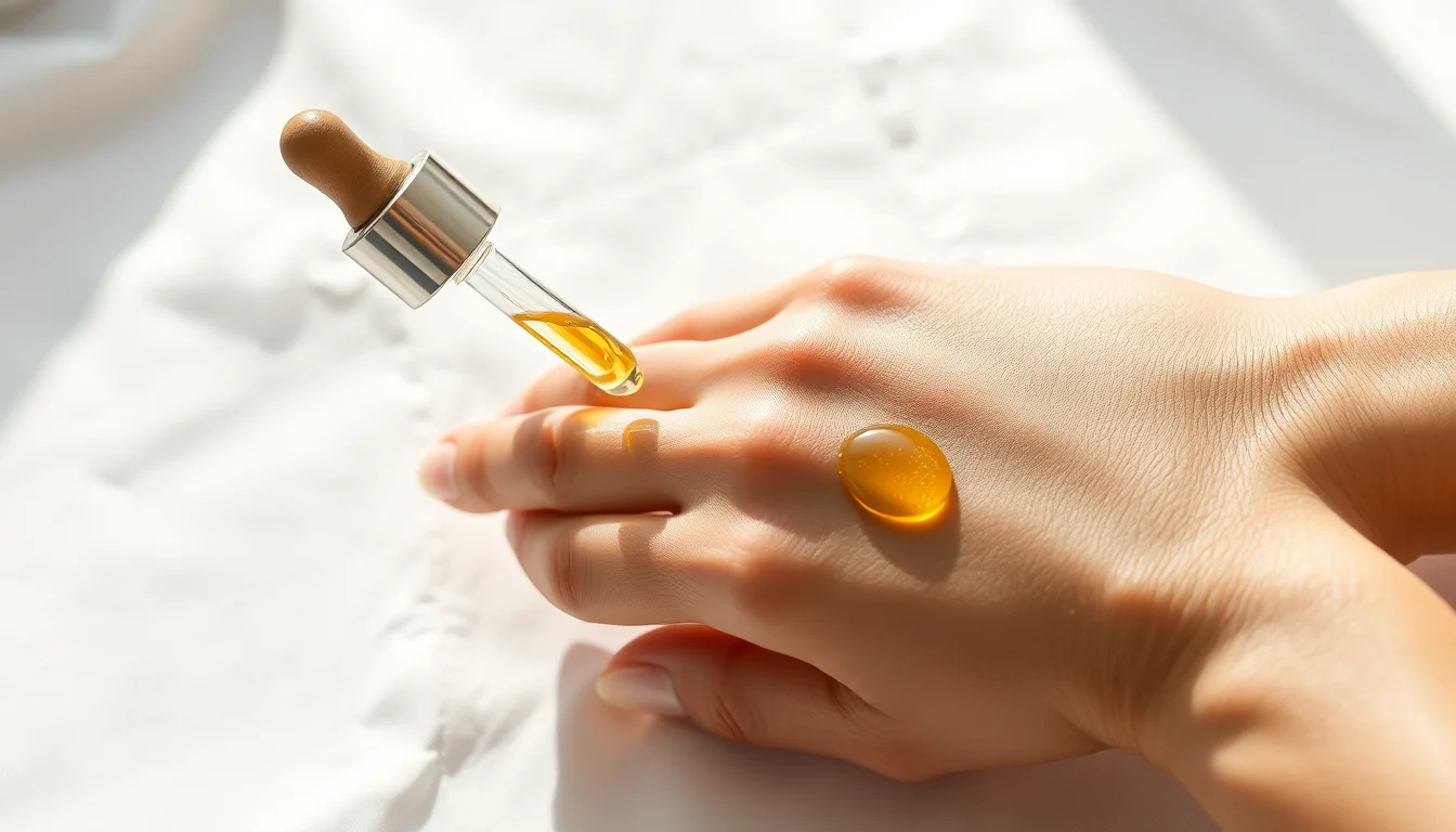 A dropper bottle of argan oil with drops on the back of a hand