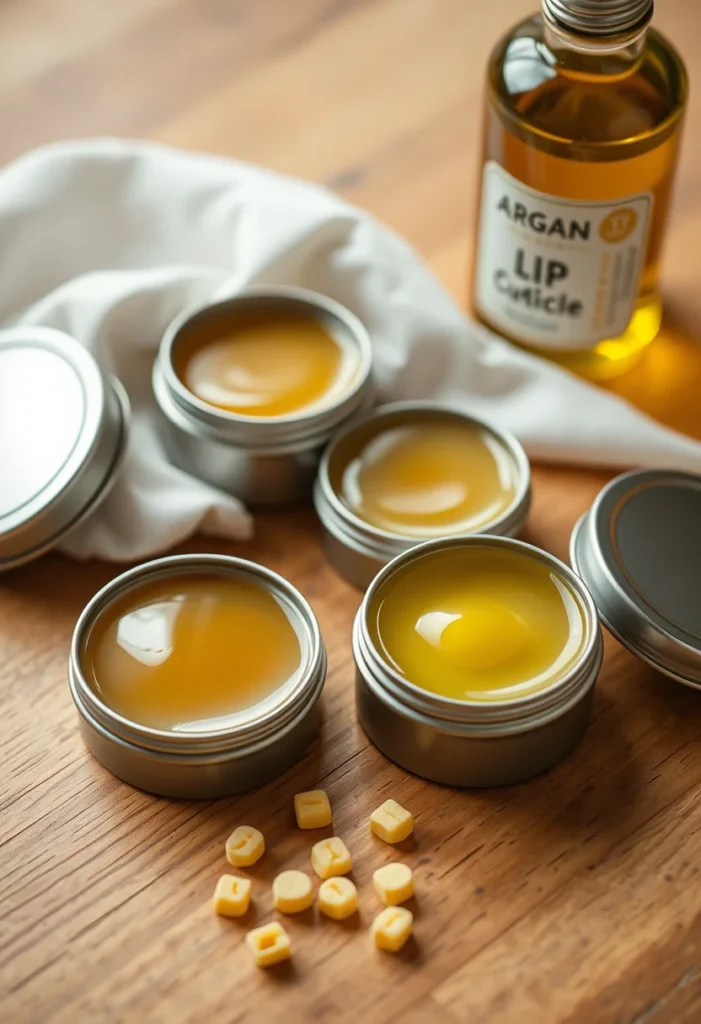 Small tins of homemade argan oil lip and cuticle balm with beeswax