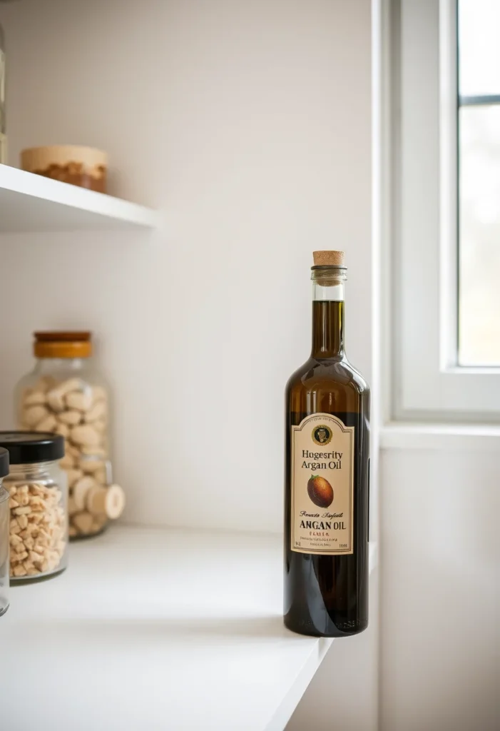 A dark glass bottle of argan oil stored on a bright pantry shelf