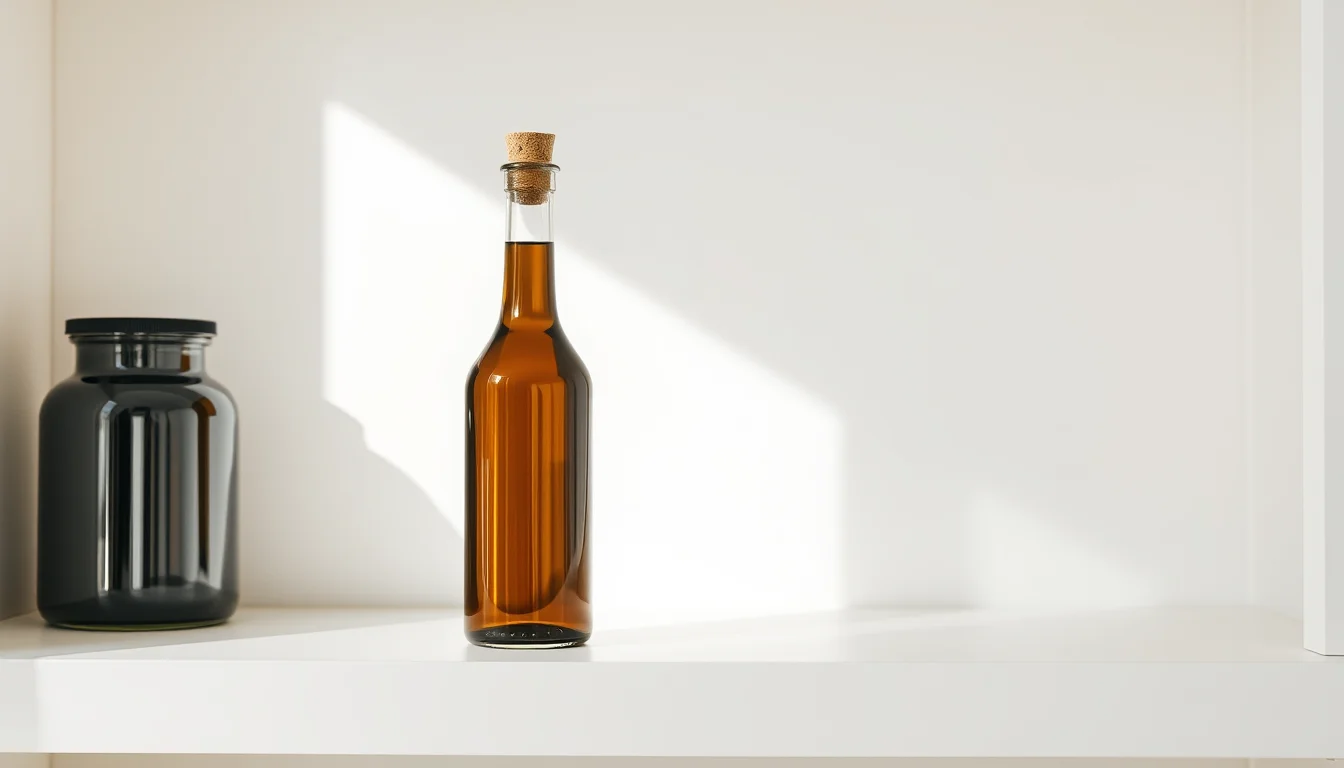 A dark glass bottle of argan oil stored on a bright pantry shelf