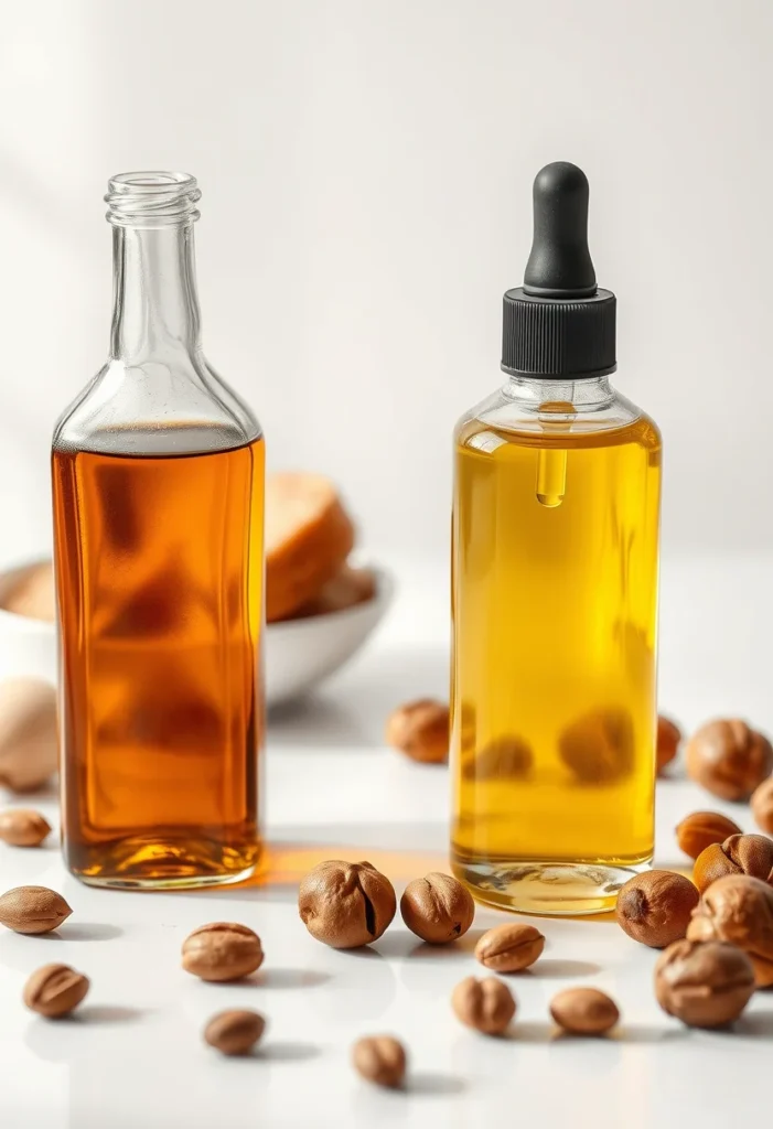 Culinary and cosmetic argan oil bottles side by side with argan nuts