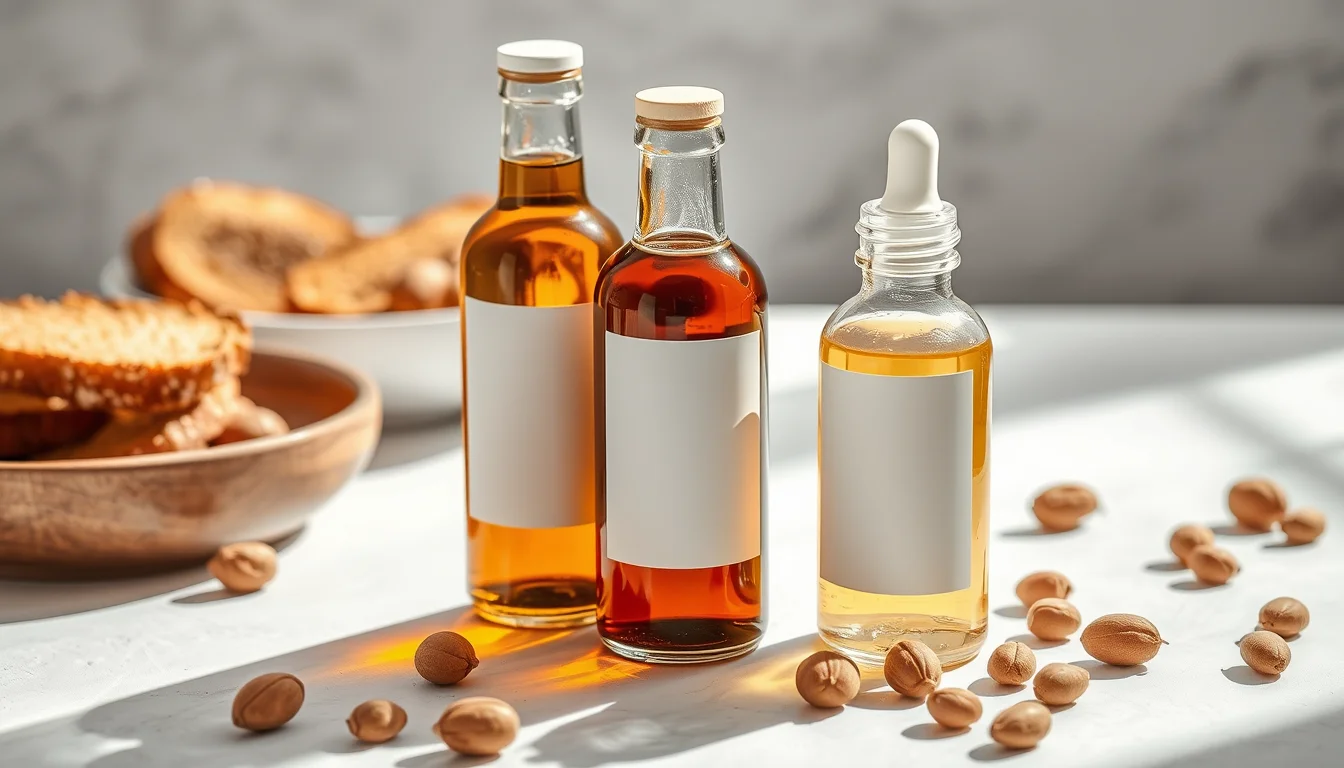 Culinary and cosmetic argan oil bottles side by side with argan nuts