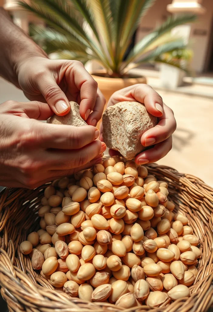 Hands cracking argan nuts with a stone to collect the kernels