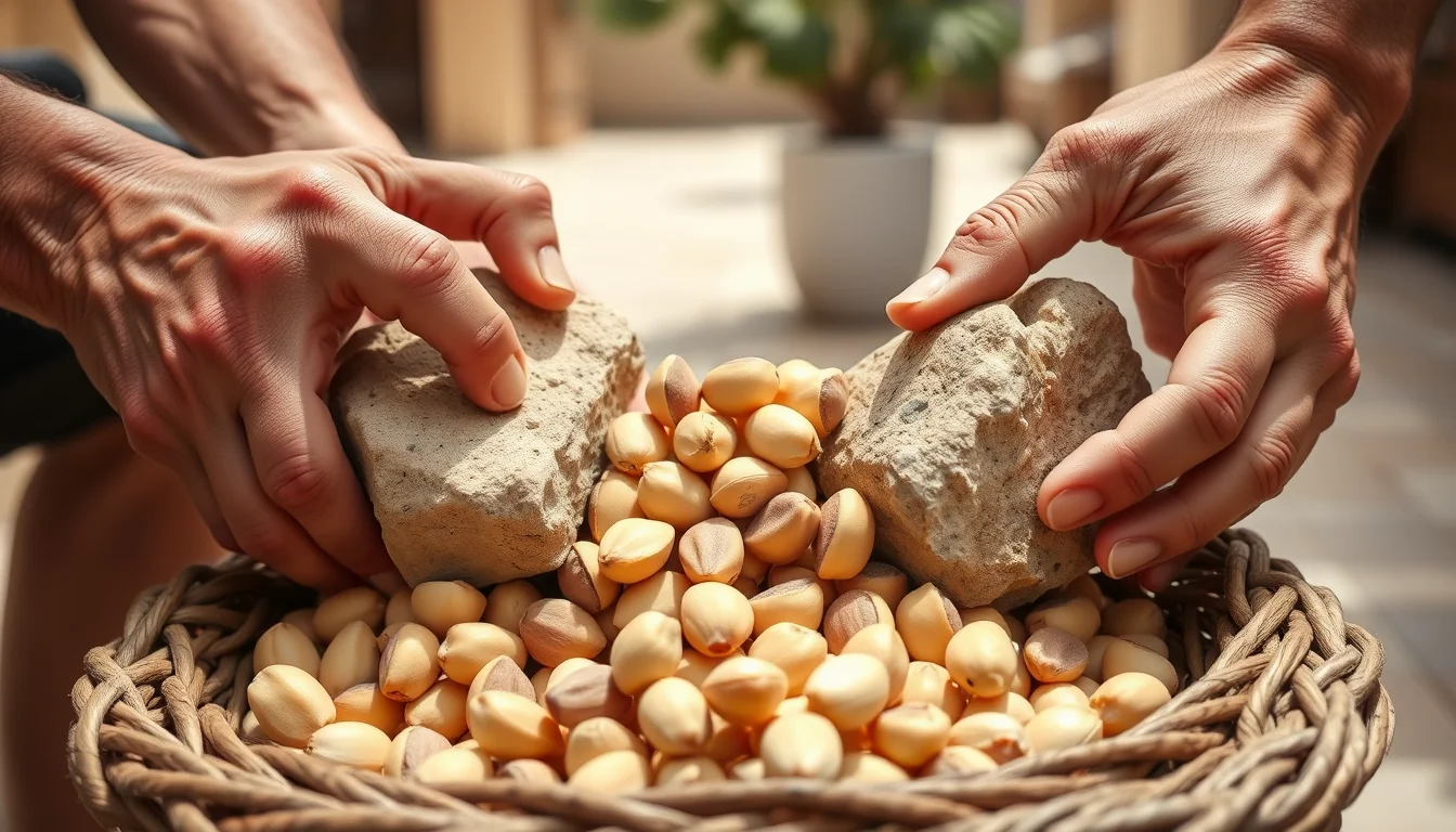 Hands cracking argan nuts with a stone to collect the kernels