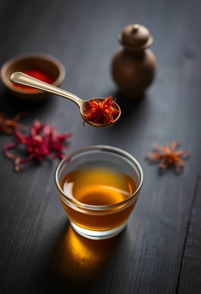 A small pinch of saffron threads in a brass spoon above golden saffron water