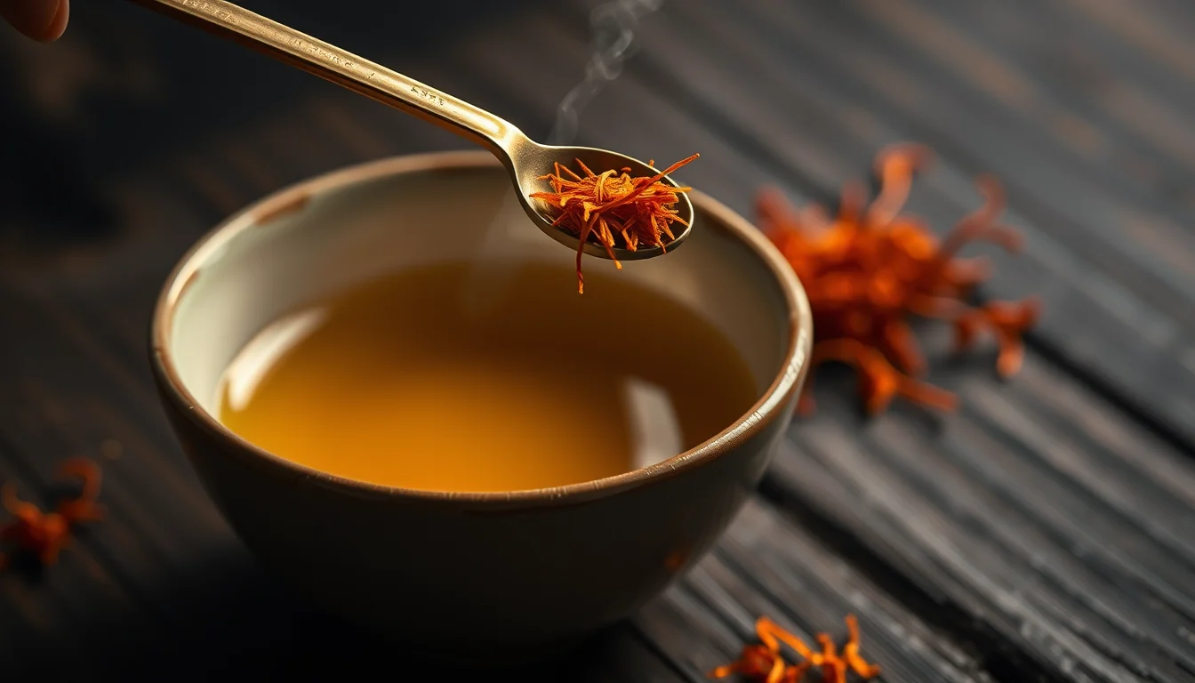 A small pinch of saffron threads in a brass spoon above golden saffron water