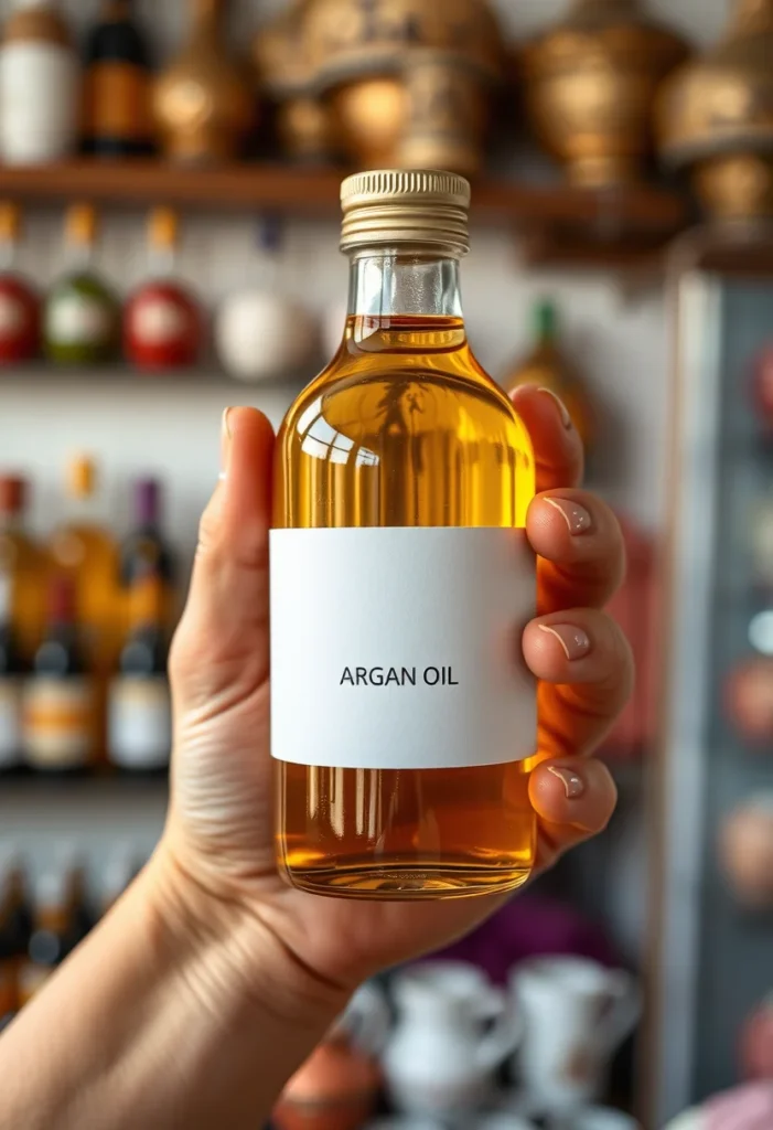 Hands holding a bottle of argan oil and reading the label