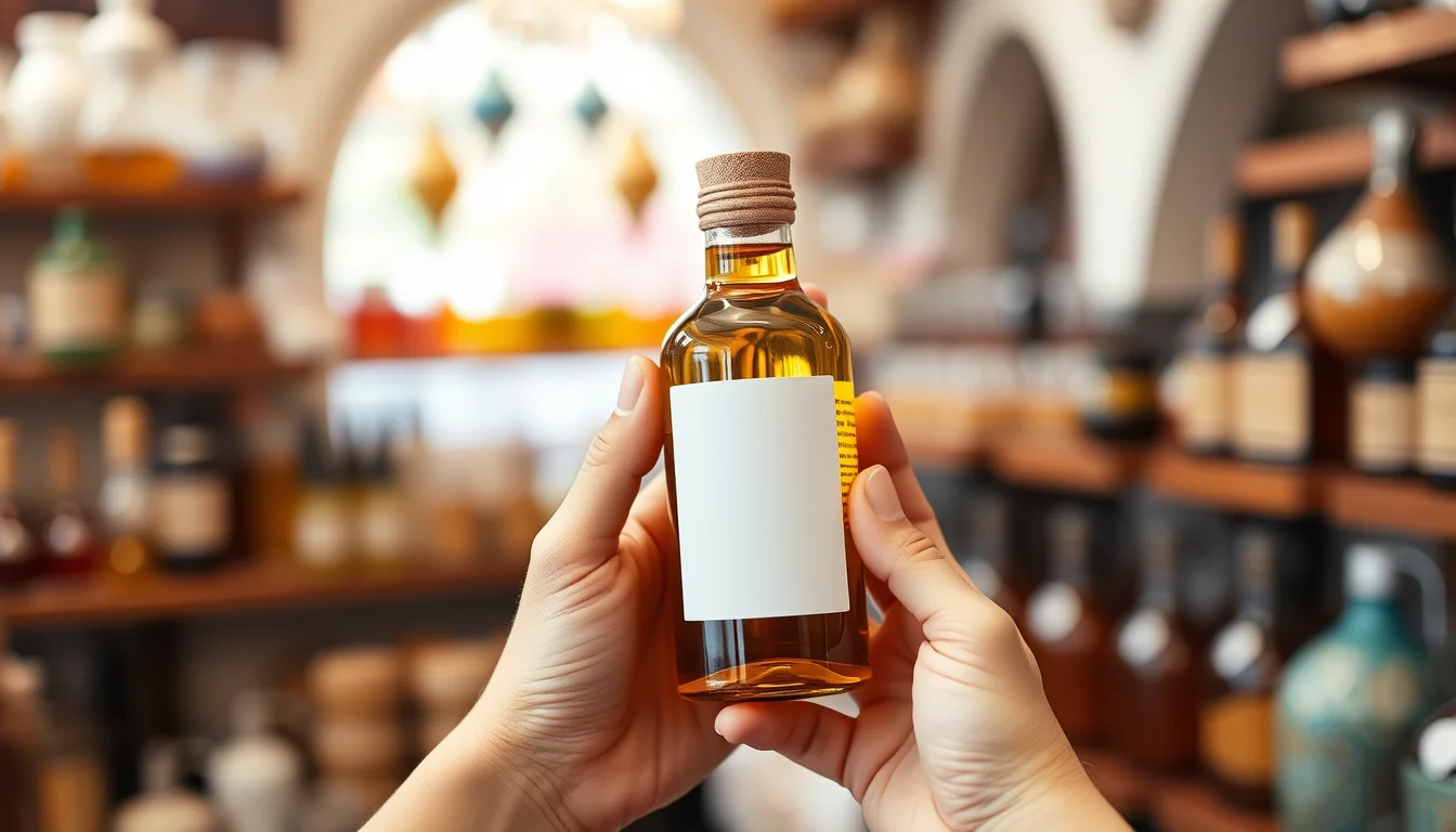 Hands holding a bottle of argan oil and reading the label