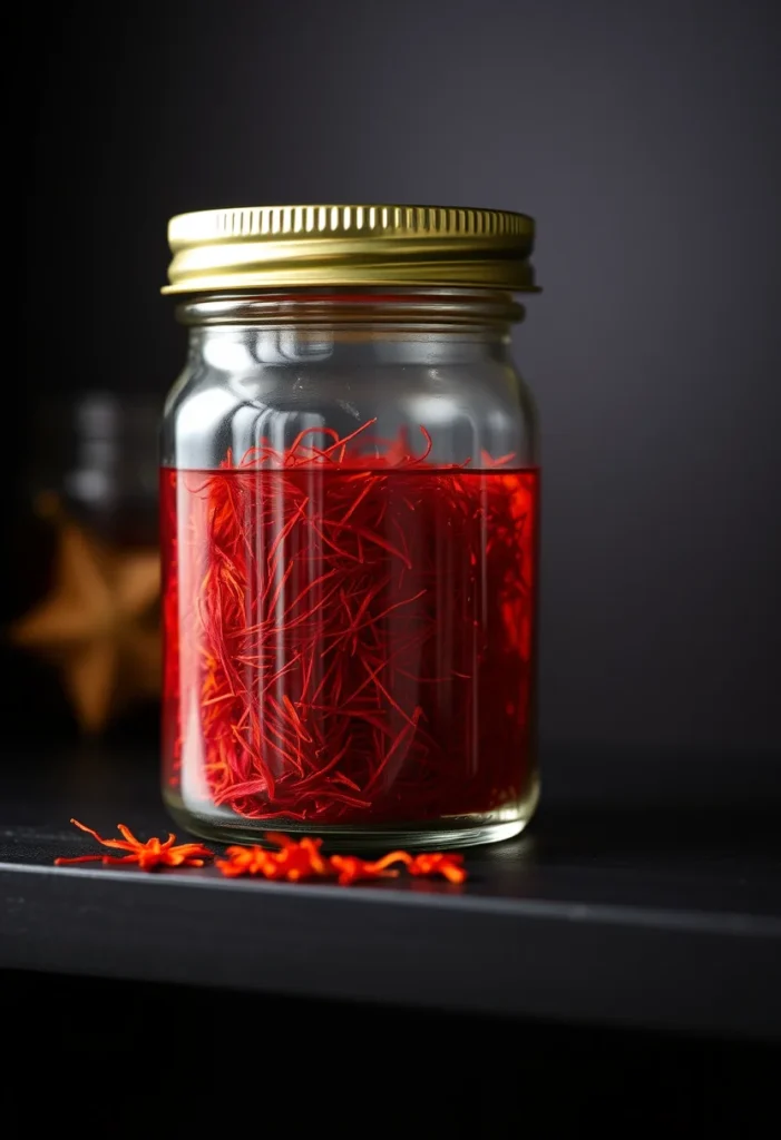 Saffron threads stored in a small airtight glass jar on a dark shelf