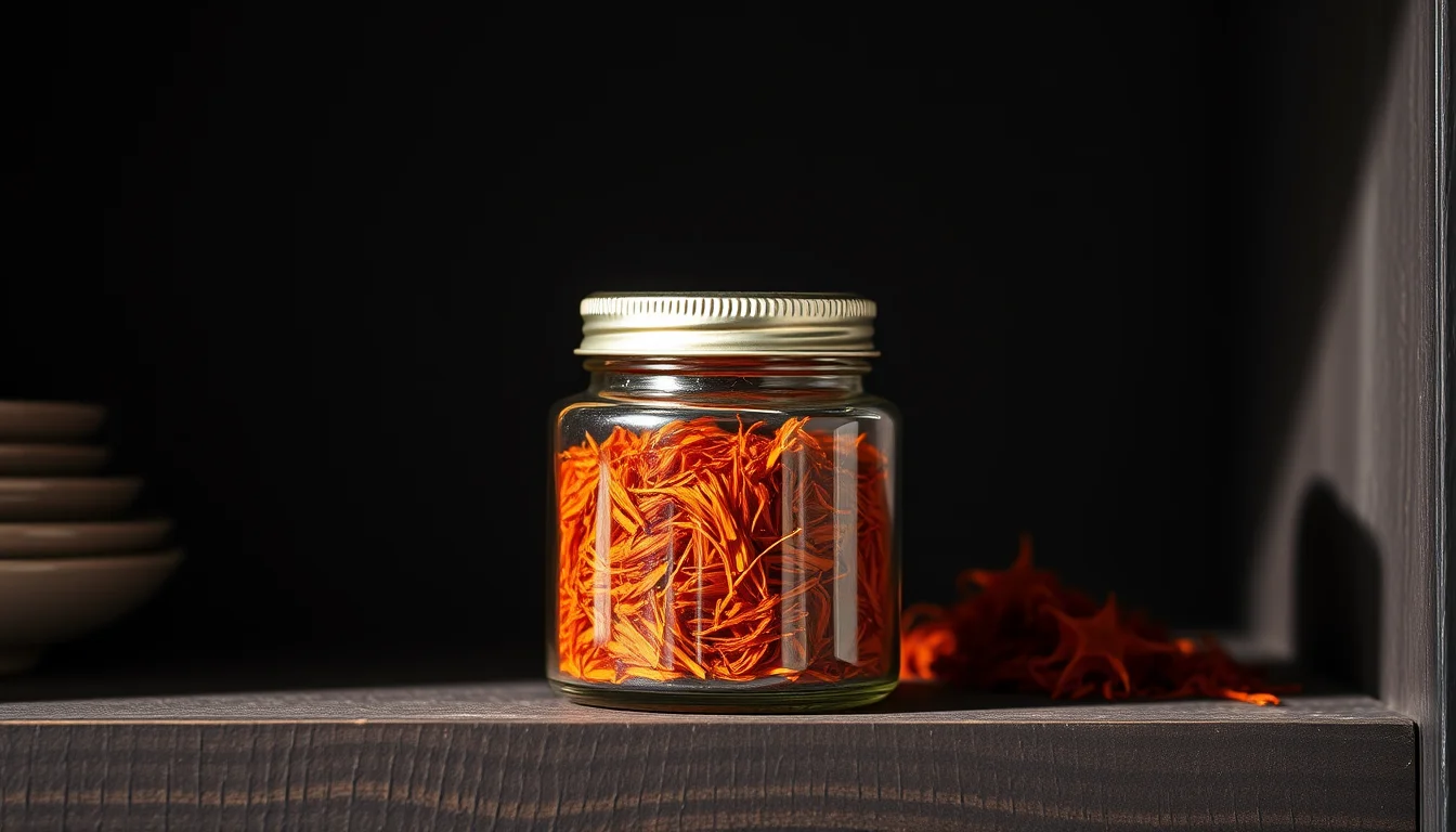 Saffron threads stored in a small airtight glass jar on a dark shelf