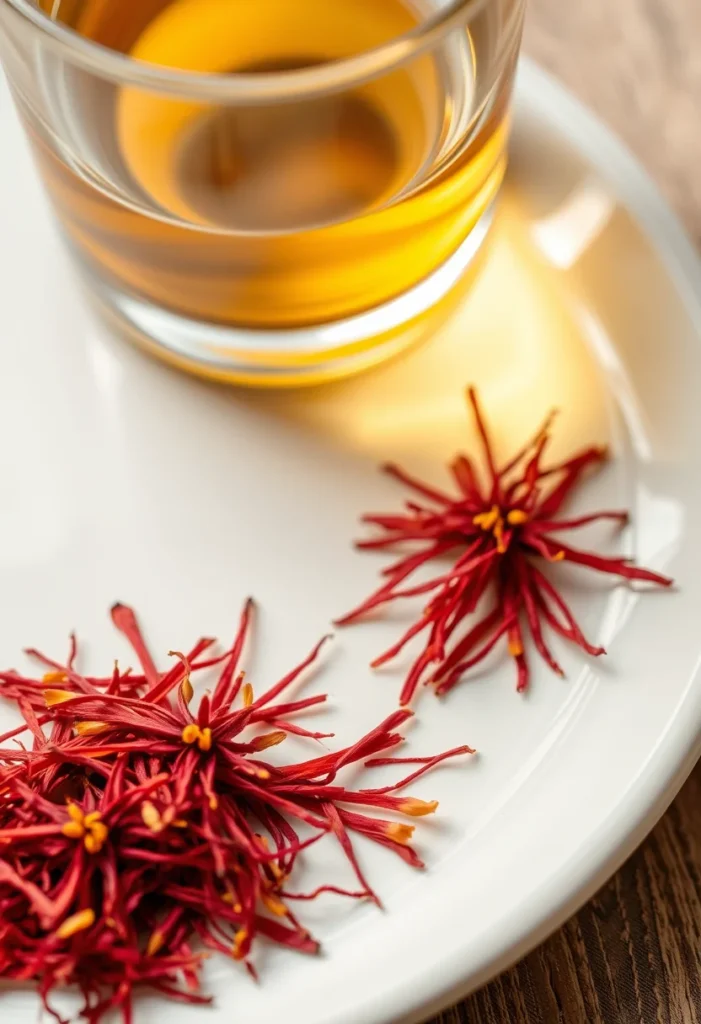 Deep red saffron threads on a white plate beside a glass of water turning golden