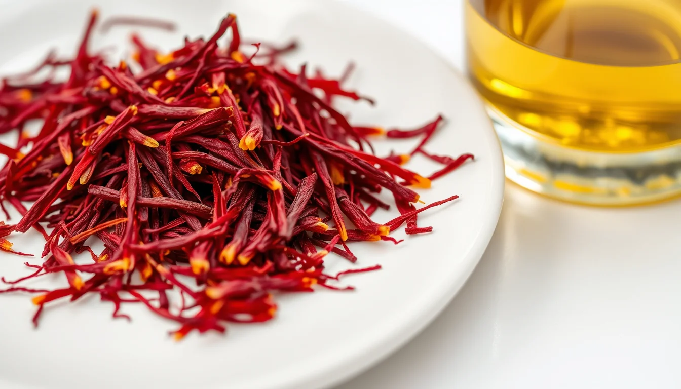 Deep red saffron threads on a white plate beside a glass of water turning golden