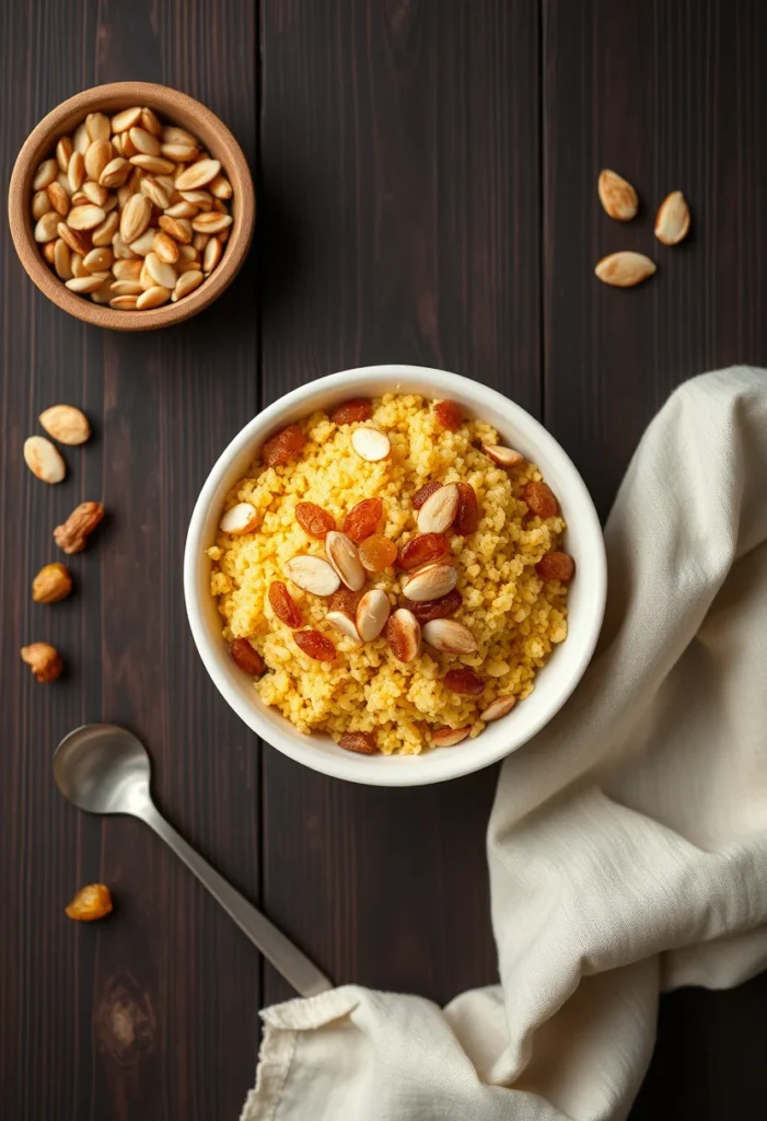 A bowl of saffron couscous with toasted almonds and raisins