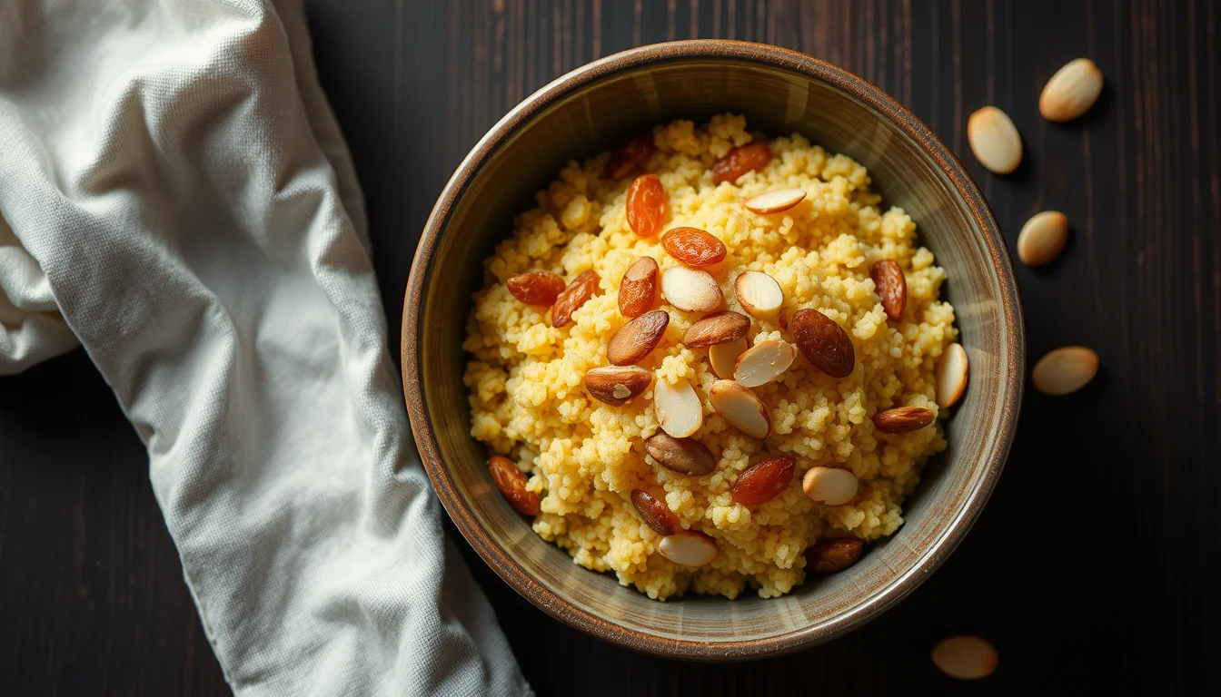 A bowl of saffron couscous with toasted almonds and raisins