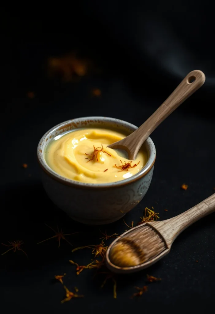 A small bowl of saffron face mask with saffron threads and a brush