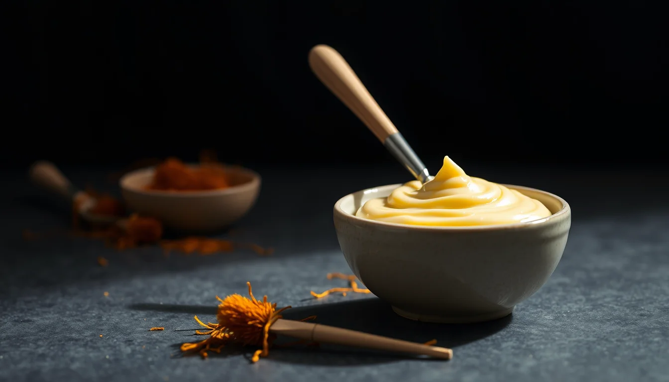 A small bowl of saffron face mask with saffron threads and a brush