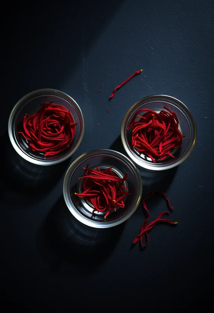 Three dishes of saffron showing different grades of threads on dark slate