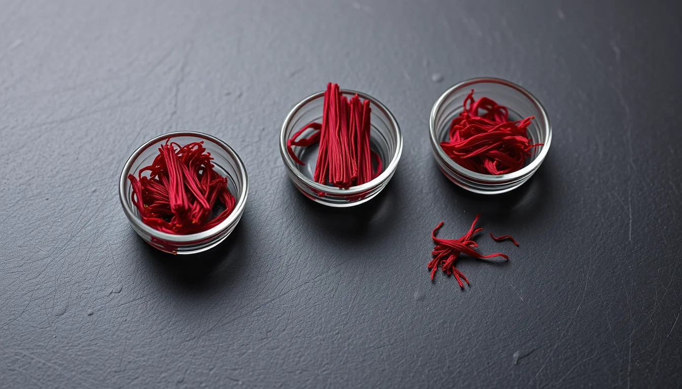 Three dishes of saffron showing different grades of threads on dark slate