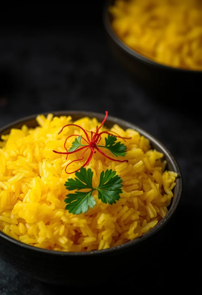 A bowl of fluffy golden saffron rice