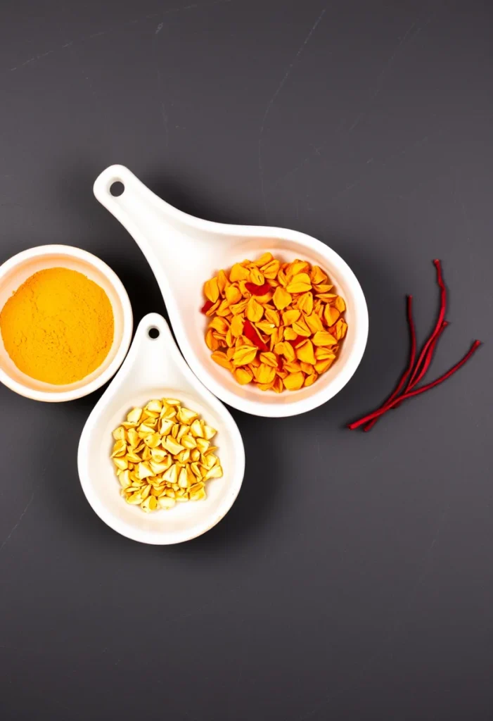 Bowls of turmeric, safflower, paprika and saffron compared side by side