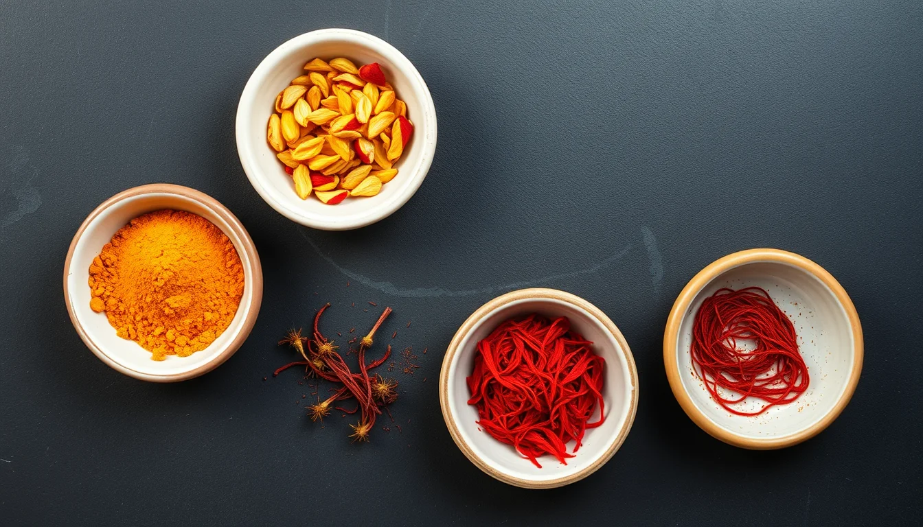 Bowls of turmeric, safflower, paprika and saffron compared side by side