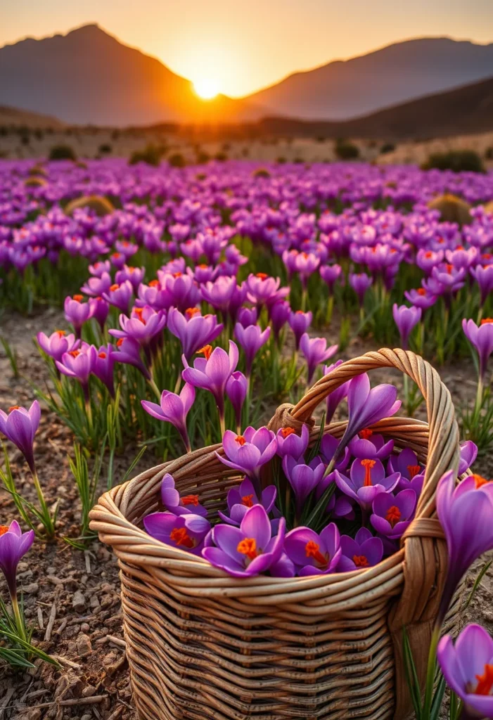 Purple saffron crocus flowers and a basket of picked flowers at harvest time