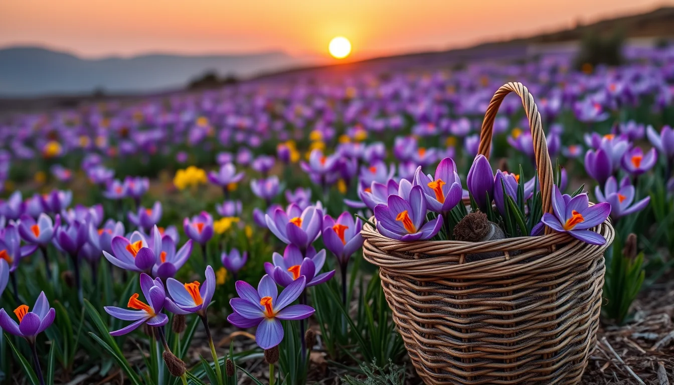 Purple saffron crocus flowers and a basket of picked flowers at harvest time