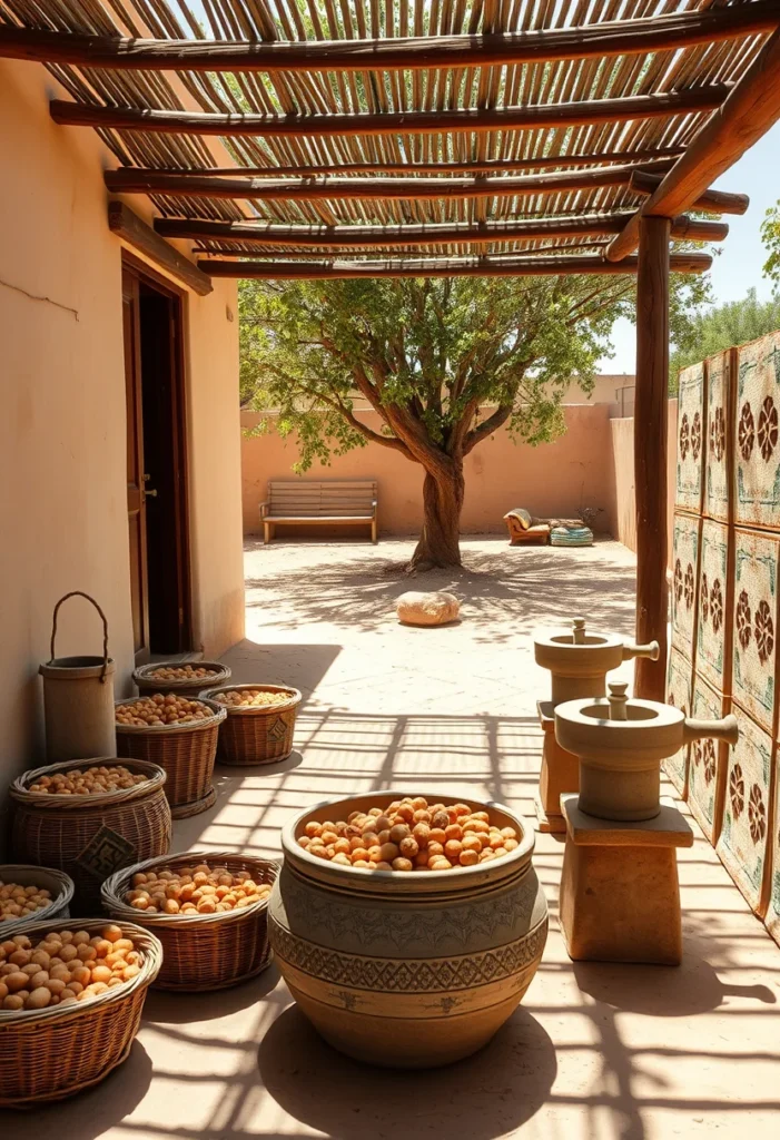 The courtyard of an argan oil cooperative with baskets of argan nuts