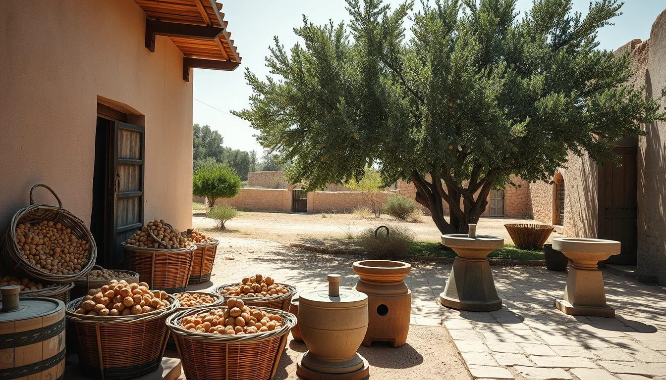 The courtyard of an argan oil cooperative with baskets of argan nuts
