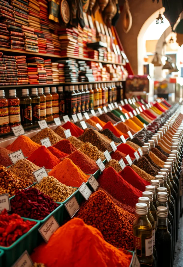 A Moroccan market stall selling spices, saffron and argan oil