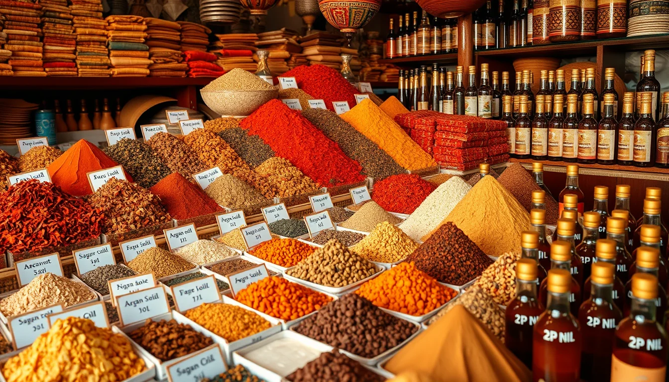 A Moroccan market stall selling spices, saffron and argan oil
